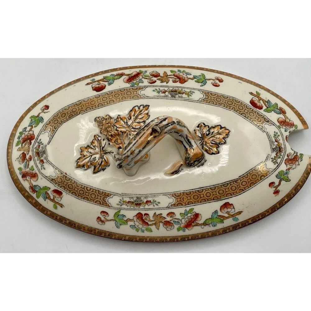 Rare Antique Copeland Indian Tree Tureen w/ Handles Spoon Notch 8x5x4